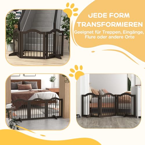 PawHut Absperrgitter Hund 3-teilig, 154,5 x 61 cm Faltbar Hundegitter mit Tür, Türschutzgitter mit 2 Stützfüßen, Freistehend Treppengitter für Küche, Flur, Kaffee