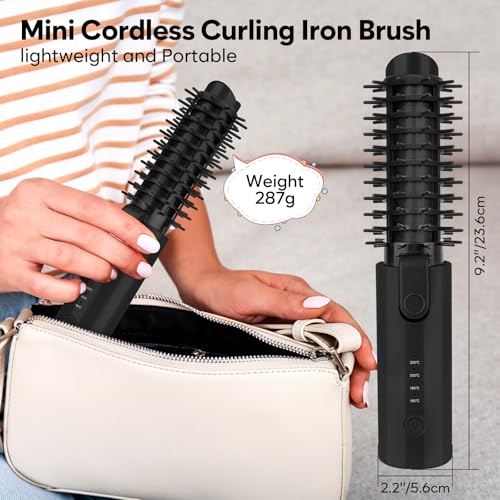 Image of Cordless Curling Iron Brush, Mini Travel Hot Straightener Comb Curl Brush, Rechargeable 4 Temps Cordless Wand Blush with 200 Million Negative Ions for Curls Straightening Styling (Black)