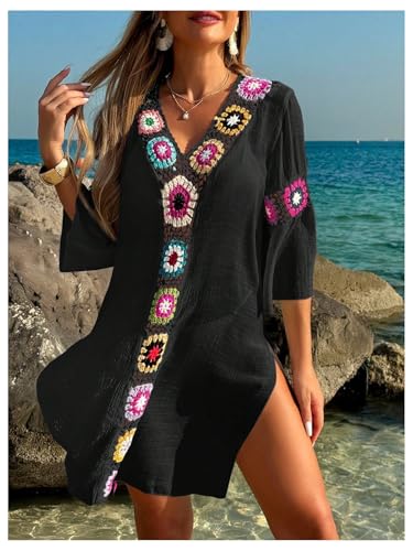 SweatyRocks Women's Floral Crochet Coverups Dress 3/4 Sleeve V Neck Sheer Beach Cover Up Dress3