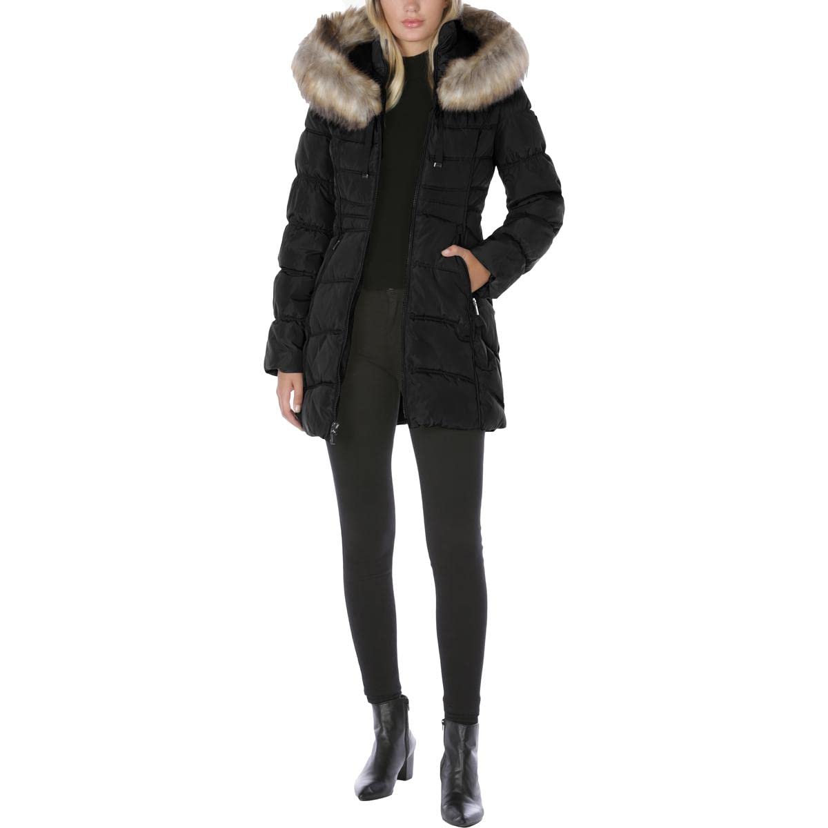Laundry by Shelli Segal Women's Stretch Quilted Puffer Coat – Heavyweight  Winter Jacket Faux Fur Hood