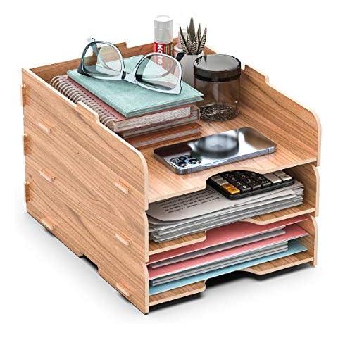 Lesfit 3 Tier Stackable Wood Letter Tray Organiser, Wooden Desk File/Document/A4 Paper Rack Cover