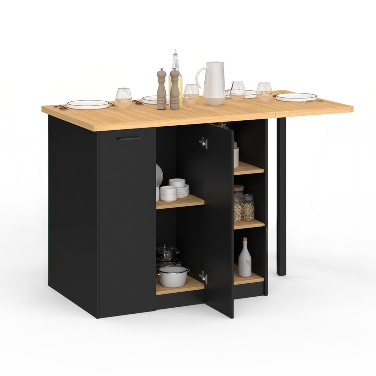 IDMarket - Ilot Central Cesar 140 cm 5 Personnes Bois Noir avec Plan de Travail façon hêtre