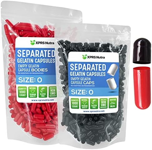 XPRS Nutra Gelatin Size 0 Separated Capsules – 1000 Count Empty Capsules Separated in Bags – Size 0 Gelatin Capsules – Empty Gelatin Capsules for DIY Supplement Filling (Black/Red)