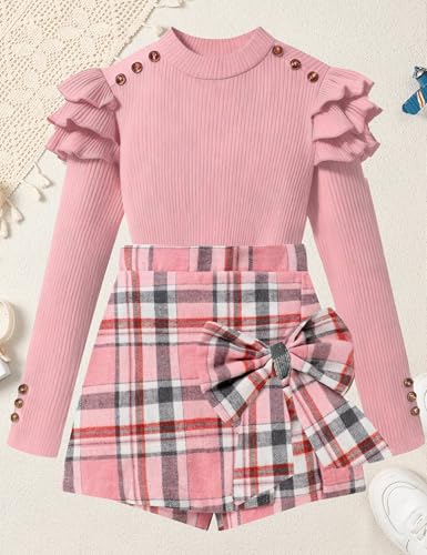 Image of Girls Clothes 2 Piece Ruffle Long Sleeve Shirt Top and Bow Plaid Skirt Set Girls Fall Winter Outfits 6-16 Years