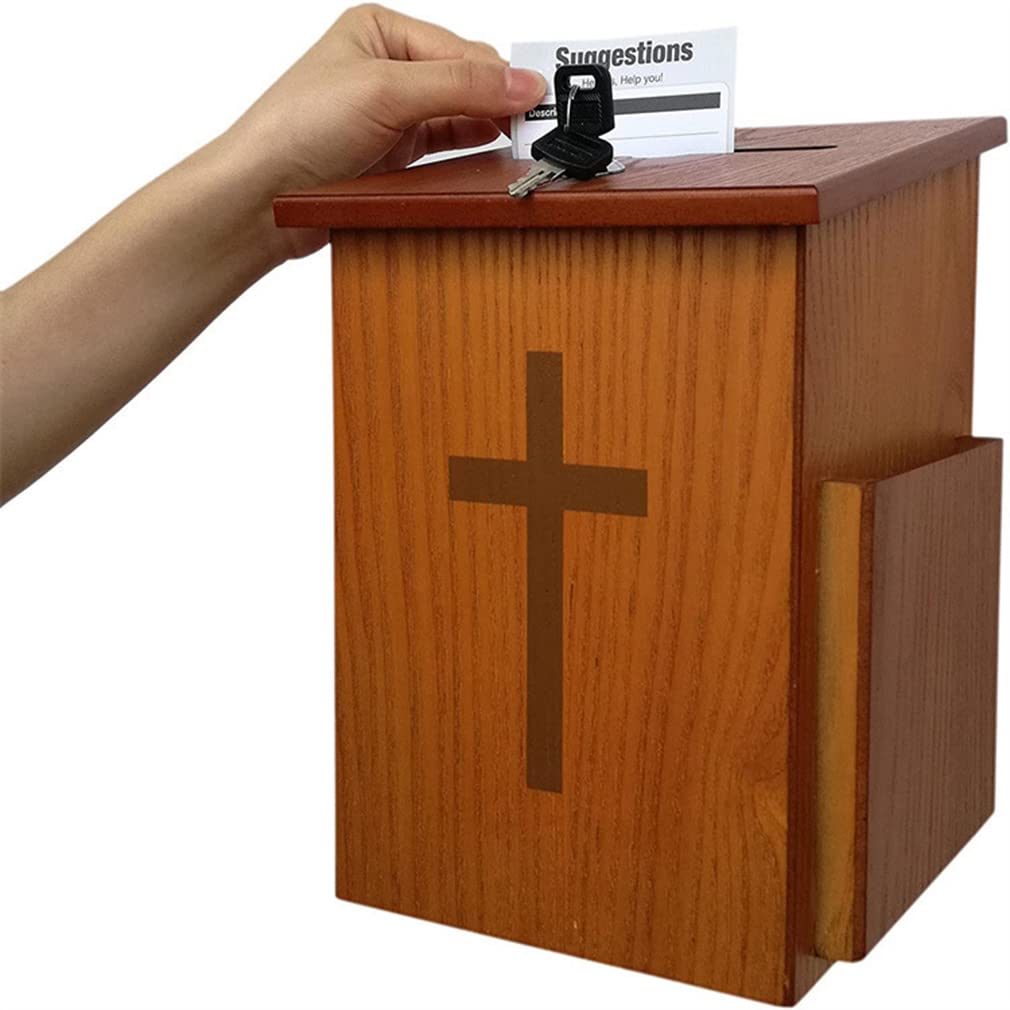 Wooden Suggestion Box Donation and Ballot Box, Wall Mounted Comment Collection Box with Lock and 2 Keys, Church Collection Donation Charity w/Cross 7.5" W x 7.5" H x 9-7/8"Offering Prayer Box Wallmo