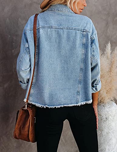 Findthy Women’s Denim Jacket Classic Ripped Long Sleeve Button Down Jean Jacket With Pockets(0092-Blue01-Xl-Lb) #TOP3