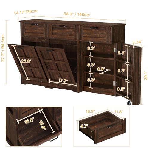 DWVO Double Tilt Out Trash Cabinet, 20 Gallon Laundry Hamper Cabinet with 3 Drawers and Adjustable Shelves, Hidden Trash Can Cabinets for Kitchen, Living Room, Brown Oak