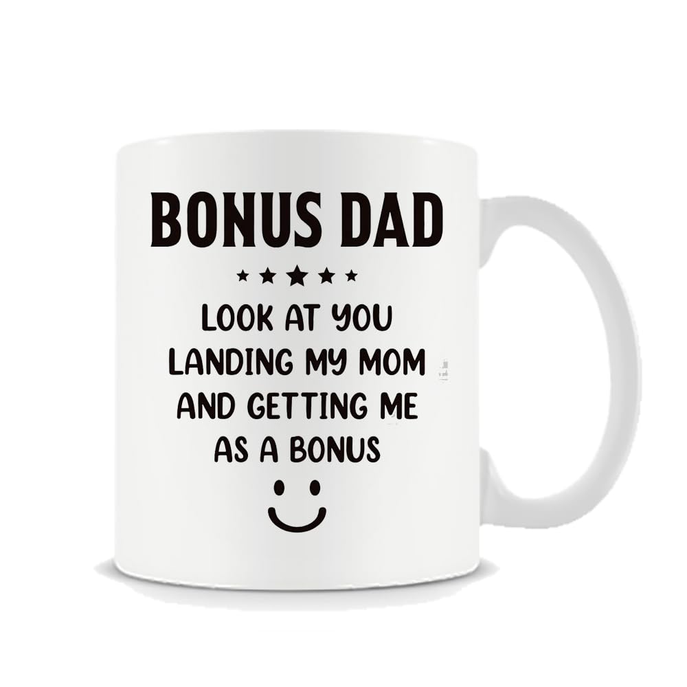 Bonus Dad Mug Funny Gift – Step Dad Gift Mug – “Look At You Landing My Mom” Message – Father’s Day, Birthday Gift for Stepdad, 11oz Coffee, Tea, Ceramic Mug.