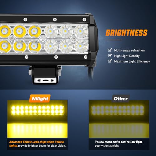 Image of Nilight LED Light Bar 12 Inch 72W Spot Flood Combo Yellow Beam | Off Road Lamp Fishing Hunting Emergency Deck Work Lighting for Trucks UTV Pick-up Van Boat Tractor