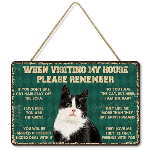 Vintage Wood Sign When Visiting My House Please Remember Rules Sign Art Funny Cat Wood Poster for Home Kitchen Bar Pub 29 X 19 CM (Green)