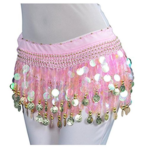 Image of VRITRAZ Women's Chiffon Belly Dance Hip Scarf Waistband Belt Skirt Mixed Colors Beads and Golded Coins 56 Black