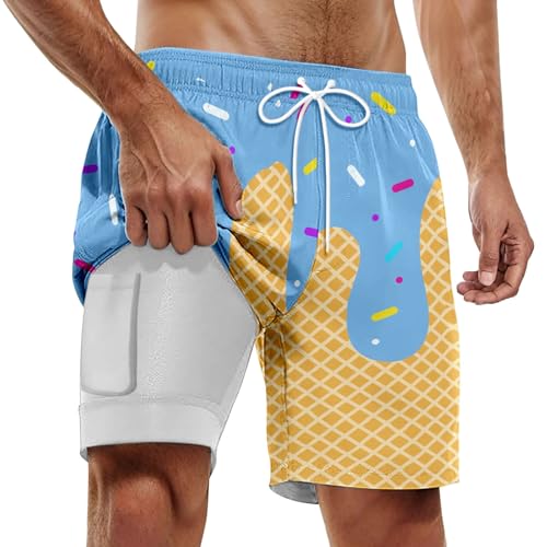 Bañador para hombre con compresión 2 en 1, transpirable, de secado rápido, elástico, ajustable, pantalones cortos de surf, azul claro, L