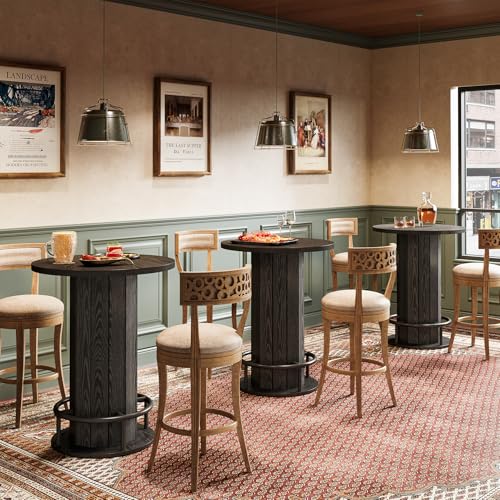 Image of Tribesigns Round Dining Table, Bar Height Commercial Kitchen Table with Wood Strip Base and Footrest, for Dining Room, Restaurant, Cafe, Bakery, Pub, Apartment, Black (Only Table)