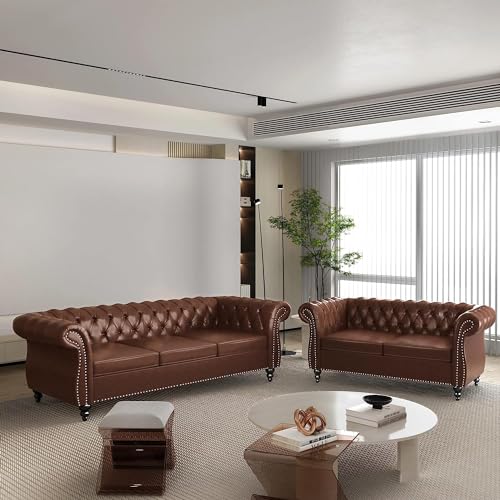 Image of WOODEN WORLD Modern & Classic Leather Sofa Set - Luxurious Comfort, Stylish Design, and Durable Build (Brown, 3+2 Seater)