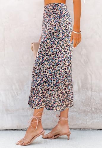 Image of HERBATOMIA Women's Floral Print Midi Skirt Casual High Elastic Waist Zipper Vintage Long Boho Skirts for Women