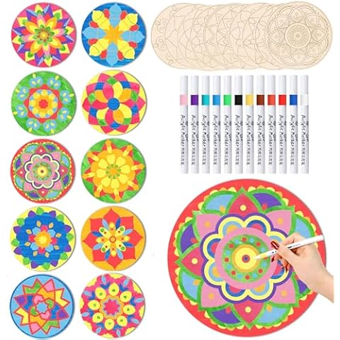 22Pcs Mandala Art Kit - DIY Unfinished Wood Crafts with Markers, 10 Wood Rounds - Perfect Hobby for Adults, Kids, Teens & Seniors - Ideal Gift for Beginners, Women & Elderly - Valentine's Day Gifts Cover