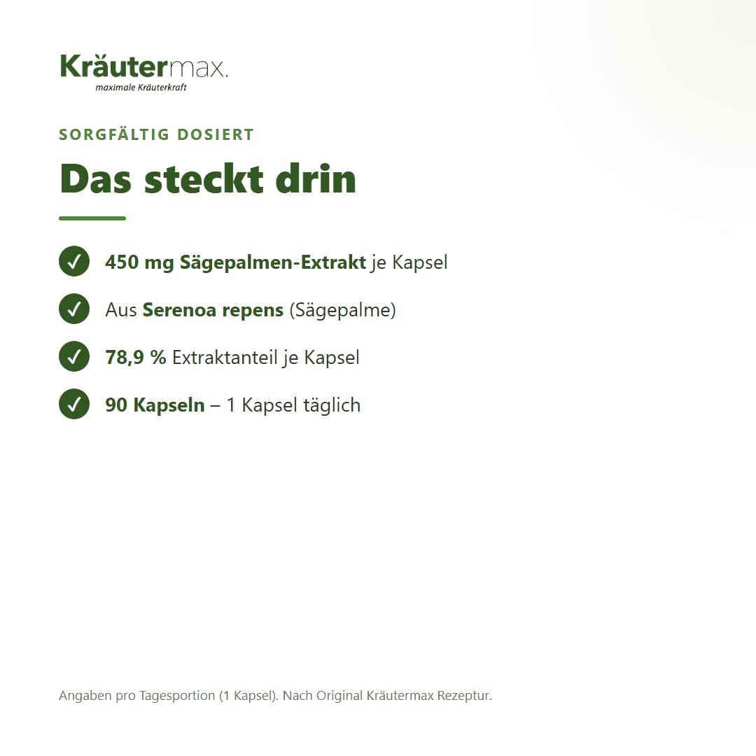 Kräutermax Sägepalmen Extrakt Kapseln 1 x 90 Stück, 450 mg, Vegan, Nahrungsergänzungsmittel
