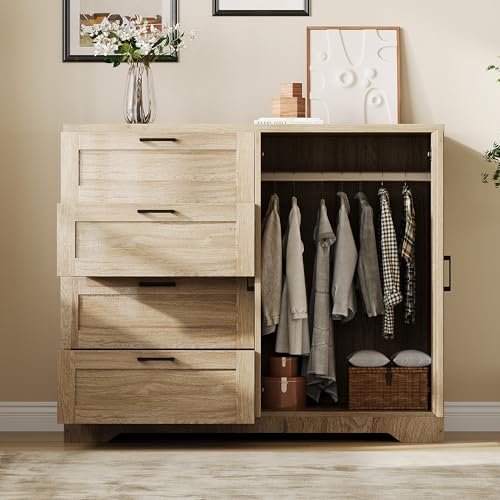 GarveeHome Multifunctional Wooden Dresser for Bedroom, 43.3'' H 2 Door Wardrobe Armoire Closet with 4 Drawers and Hanging Rod, Low Storage Cabinet for Hanging Cloth, Natural Oak