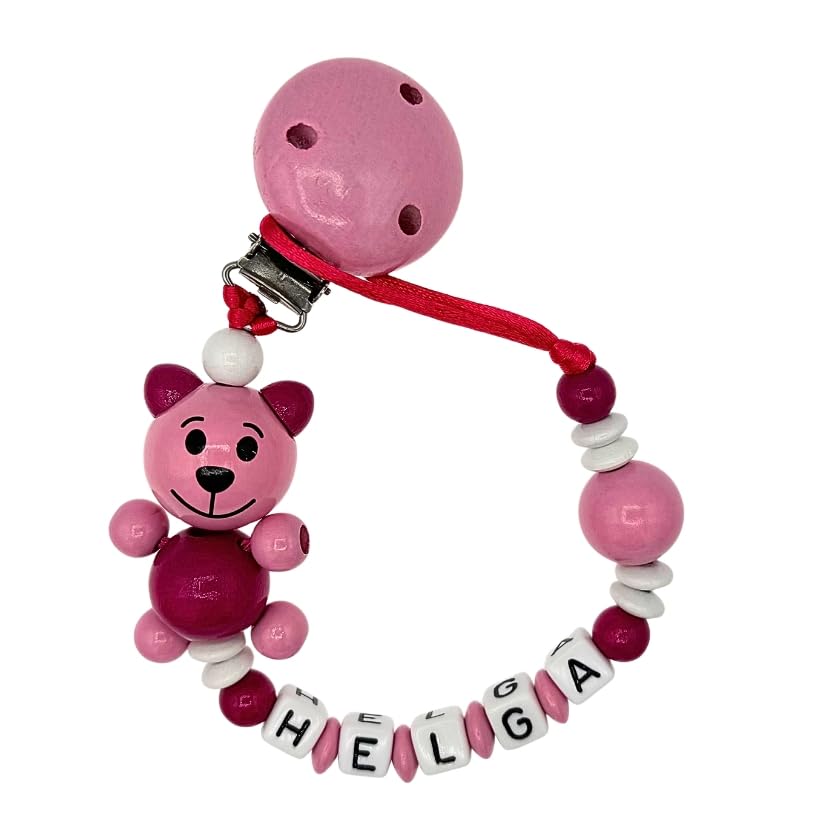 Set Nuckelkette + Kinderwagenkette mit Namen " 3D - BÄR/TEDDYBÄR " Babyrosa Dunkelpink Weiß/Baby/Unisex/Personalisiert/HANDMADE