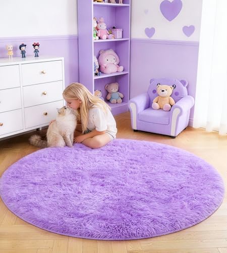 VOFUSHON Tapis Rond 100 CM Violet Tapis Chambre Fille Lavable Antidérapant Ultra-Doux Moelleux Grand