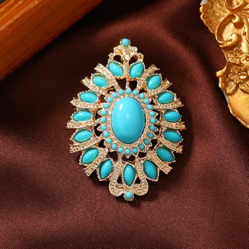 Image of Baroque Turquoise Bead Brooch Pin for Women Men Gold Tone Fashion Blue Birthstone Geometric Filigree Brooches Lapel Pins Dainty Dress Accessories Birthday Anniversary Jewelry Gift