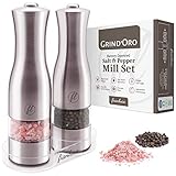Grind'Oro Electric Salt and Pepper Grinder Set (2 Mills) Battery Operated, Stainless Steel with Light - One Touch Automatic Salt Grinder Mill Adjustable Coarseness, Franluca's Kitchen Power Shaker Set