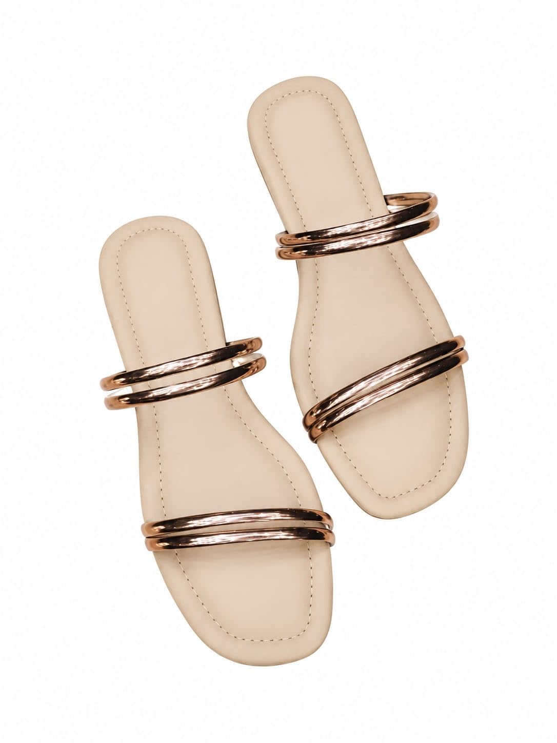 Women's Rose Gold Metallic Double Strap Flat Sandals | Cushioned Footbed | Anti-Slip TPR Sole | Lightweight Casual Slip-On Slides for Daily Wear-image-33