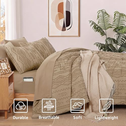 Image of WRENSONGE Full Size Comforter Set with Sheets - 7 Pieces Light Brown Tufted Bed in a Bag Full Shabby Chic Bedding Sets with 1 Comforter, 2 Sheets, 2 Pillowcases & 2 Shams