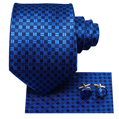 Image of Hi-Tie Mens Plaid Ties Classic Paisley Necktie with Handkerchief Cufflinks Set Business Stripe Tie