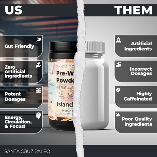 Image of Santa Cruz Paleo Pre Workout Powder Electrolytes, Magnesium, Potassium, Sea Salt & L Citrulline, Caffeine & Sugar Free Preworkout Drink Mix for Energy & Hydration, Island Punch Flavor, 30 Servings