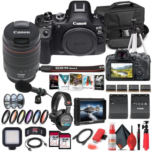 Canon EOS R6 Mark II Mirrorless Camera with 24-105mm f/4 Lens (5666C011) + 4K Monitor + Pro Headphones + Pro Mic + 2 x 64GB Card + Case + Corel Software + Tripod + More (INTL. Model)