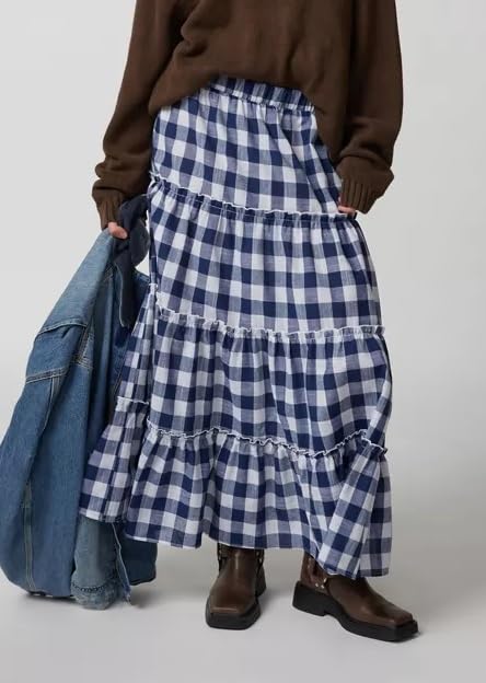 Women Summer Plaid Print Long Skirt Casual Elastic High Waist A Line Maxi Skirt Vintage Flowy Gingham Midi Skirt4