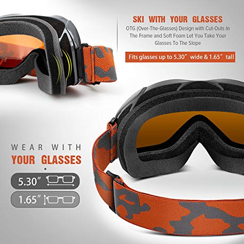 Image of OutdoorMaster OTG Ski Goggles - Over Glasses Ski /Snowboard Goggles for Men, Women & Youth - 100% UV Protection (Pattern Frame + VLT 25% Orange Lens with REVO Silver)