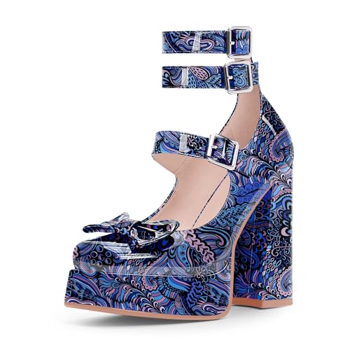 Women's Sweet Bow Platform Mary Jane Pumps Ankle Strap Closed Toe Patent Leather Block High Heels Goth Shoes