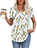 MOLERANI T Shirts for Women UK Round Neck Loose Casual Puff Short Sleeve Summer Tee Tops Front Pleated T Shirt Blue Yellow Leaf S
