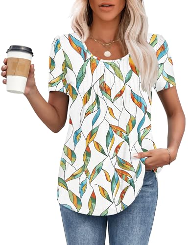 MOLERANI T Shirts for Women UK Round Neck Loose Casual Puff Short Sleeve Summer Tee Tops Front Pleated T Shirt Blue Yellow Leaf 2XL