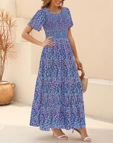 Image of Kranda Women 2025 Summer Fall Crewneck Short Sleeve Smocked Floral Maxi Dress