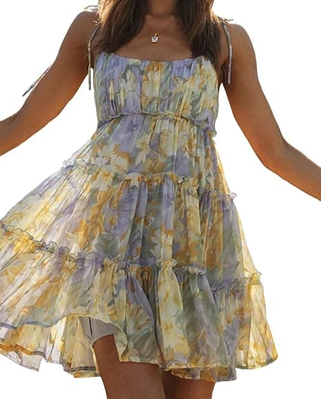 Image of Womens Boho Floral Mini Dress Summer Cottagecore Striped Flowy Smocked Spaghetti Strap Coquette Vacation Sundresses
