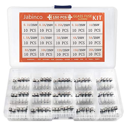JABINCO 15 Values 150pcs Fast-Blow Glass Fuses Assorted Kit 5x20mm 250V 0.1 0.2 0.25 0.5 1 1.5 2 3 4 5 8 10 12 15 20A Tube Fuses with Plastic Box