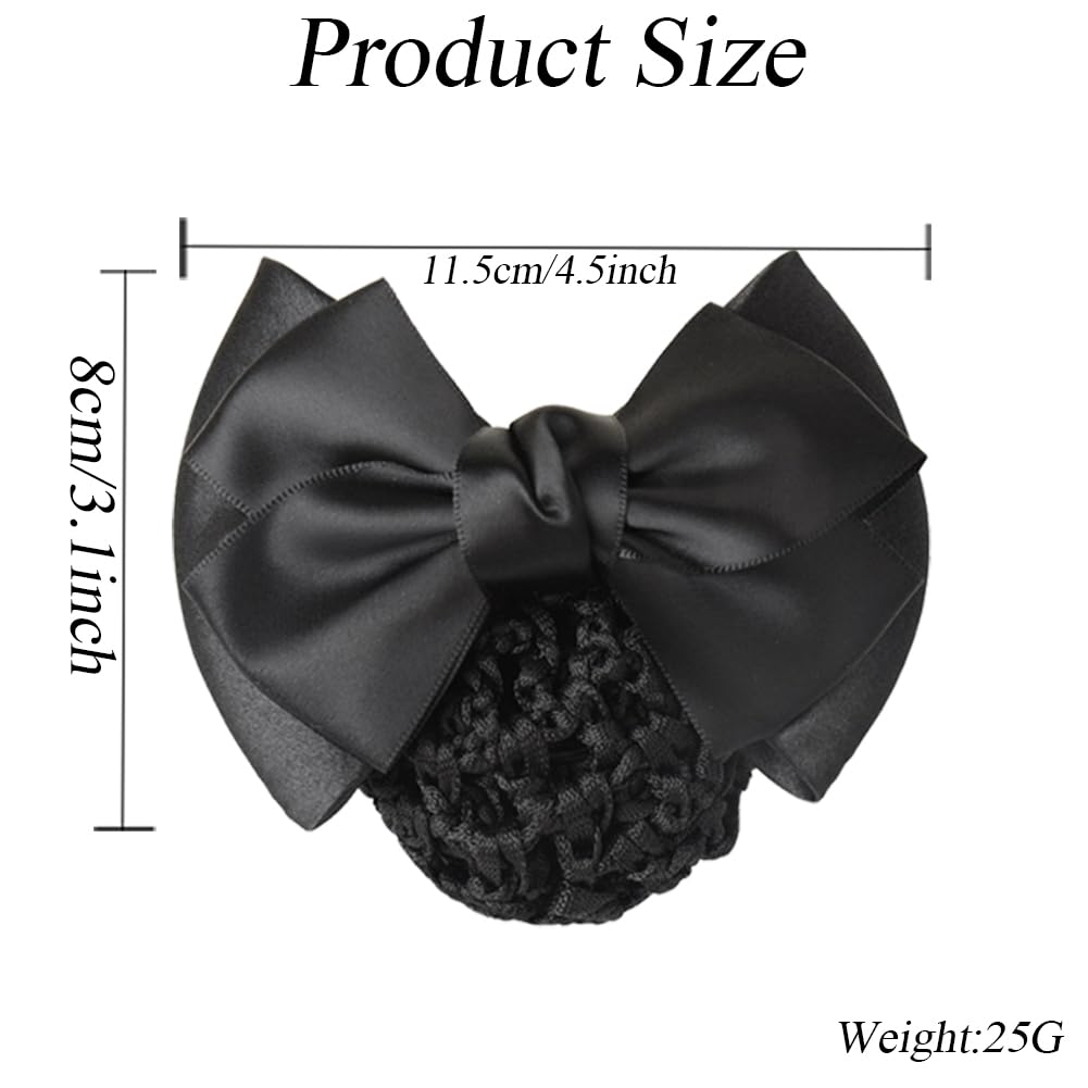 3PCS Bowknot Snood Net Hair Clip Bun Cover Satin Bow Elastic Mesh Barrette Invisible Ballet Hair Nets Women Working Styling Accessories for Stewardess Banks Hotels Restaurant Staff(Black) - Image 2
