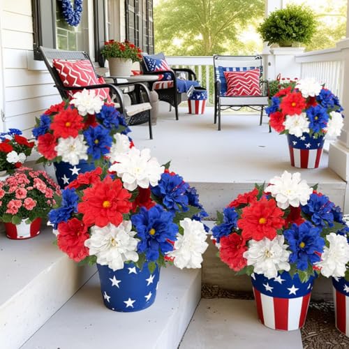 Image of 20 Heads Artificial Flower Patriotic Memorial Bouquet 13 inch Red White and Blue Flowers with Mums Hydrangea 4th of July Flowers for Cemetery Table Centerpiece Memorial Day Home Decor(No Vase)