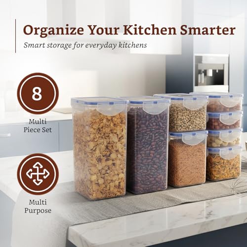 Image of Amazon Brand - Solimo Square Plastic Storage Jar & Container Set | Airtight Lid | BPA-Free Plastic | Microwave Safe | Dishwasher Safe | Kitchen Storage | 350ml, 730ml, 1200ml & 2000ml | Set of 8
