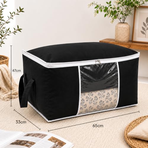 Image of Non-Woven Underbed Storage Bag with Side Handles - Blanket, Comforter & Quilt Organizer - Foldable Dust-Proof Storage Box for Clothes, Sweaters & Bedding - Black, 65x33x47cm (Pack of 1)