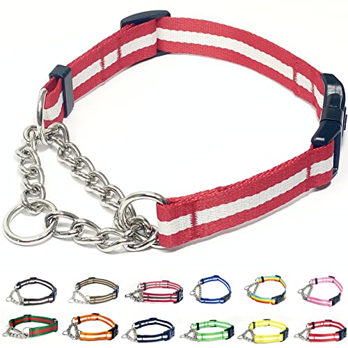 PUROAYET Martingale Collar for Dogs,Adjustable Nylon Collars with Quick Release Buckle,Multicolor Stripe,Stainless Steel Chain NO Pull Training Collars for Samll Medium Large Dogs(Red and White,L)