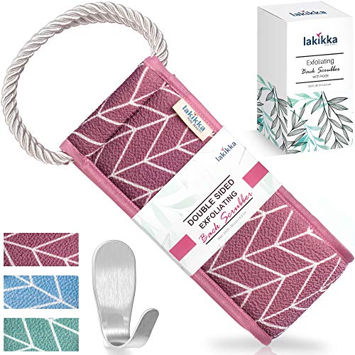 LAKIKKA Exfoliating Back Scrubber for Shower - Body Scrubber for Men & Women - Natural Plant Fiber, Back Washer - Deep Cleaner & Improve Skin Condition - with Stainless Steel Hook (90cm/35.5", Red)
