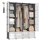 SONGMICS Cube Storage Organzier Portable Wardrobe Closet, 12 Cubes DIY Plastic Armoire Cabinet Modular Shelves Unit with Doors and Hanging Rods for Bedroom, Grey ULPC301G01