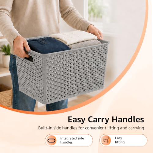 Image of Amazon Basics Set of 3 Plastic Storage Baskets with Lid - Stackable Organiser for Wardrobe, Kitchen, Clothes, Toys, Books, Office Multipurpose Shelf Basket (Large, 36x30x22 cm) | Grey, Rectangular