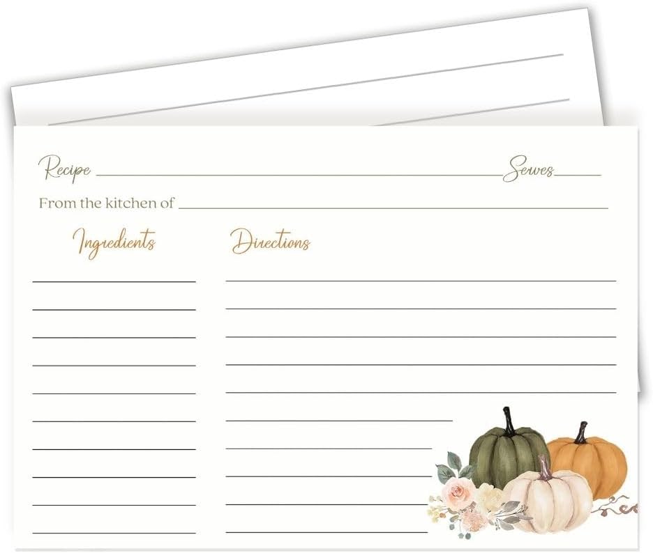 The Invite Lady Fall Pumpkin Recipe Cards | Autumn Thanksgiving Double-Sided 4x6 Country Kitchen Design |Set of 50