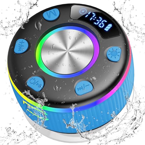 PRSCFUM Enceinte Douche Bluetooth 5.3, Enceinte Etanche IP7, Haut-Parleur avec Appel, Ventouse Puissante, LED Lumière, 360° Stéréo Enceinte sans Fil, 8H Speaker, Bleu