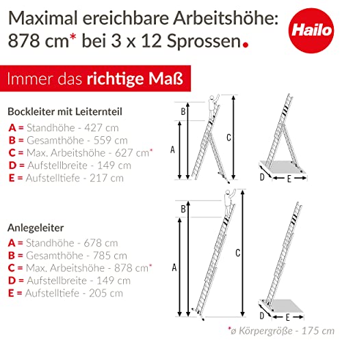 Hailo Master S120 Pro Mehrzweckleiter - 3-teilige, klappbare Aluminium-Leiter - als Schiebe-, Bock- und Anlegeleiter nutzbar - Höhe bis 7,85 m - Gewicht: 34 kg
